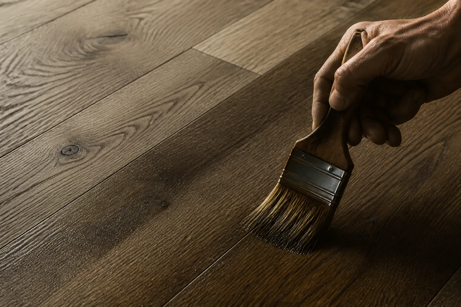Application d’une finition sur un parquet en chêne