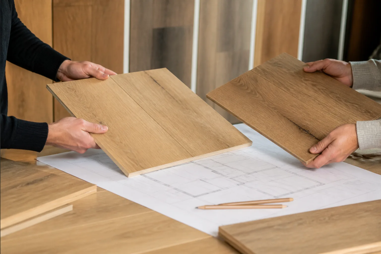 Conseil au showroom autour d’échantillons de parquet et d’un plan