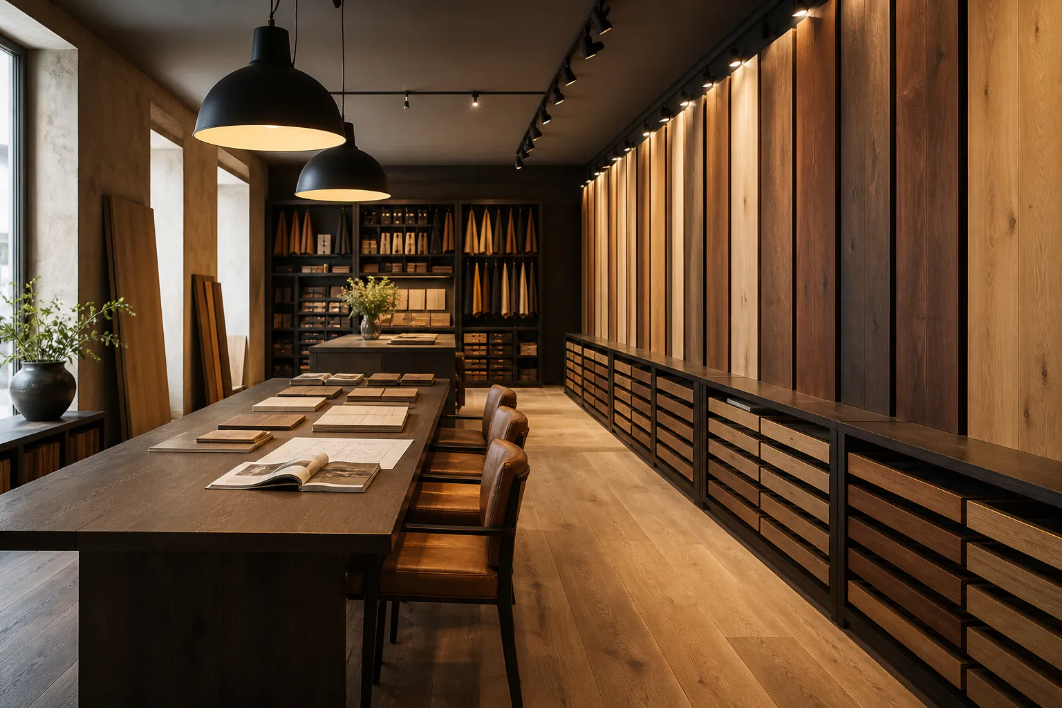Showroom de parquet : panneaux de chêne et table de conseil